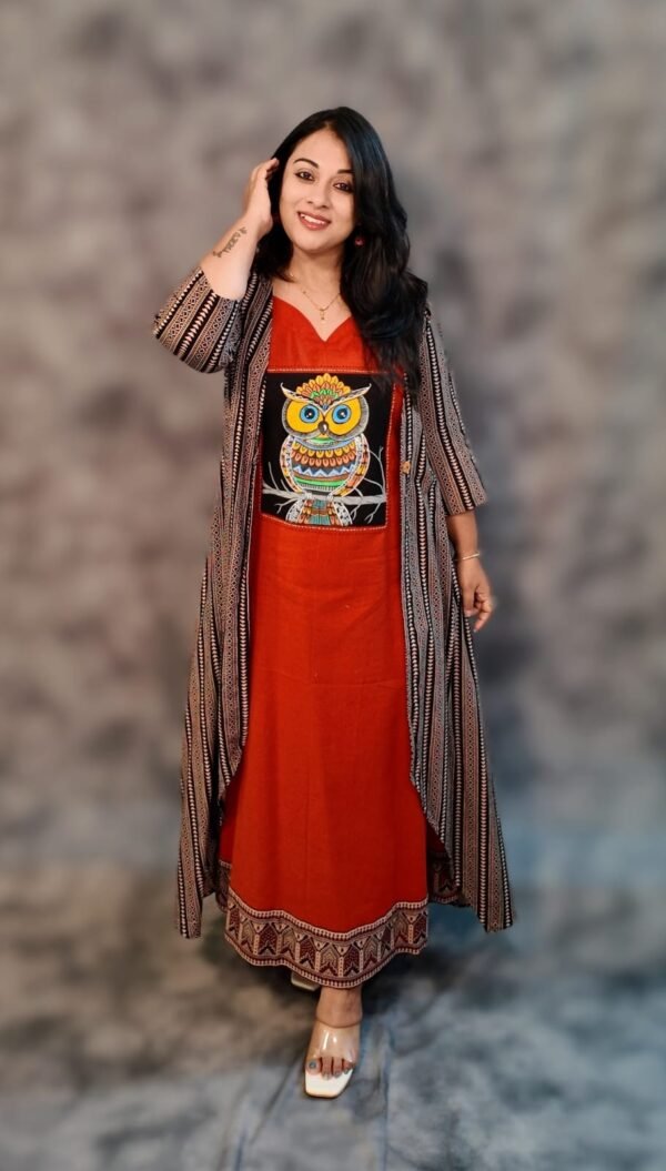 Cotton overlay dress with hand painting - Owl - Image 3
