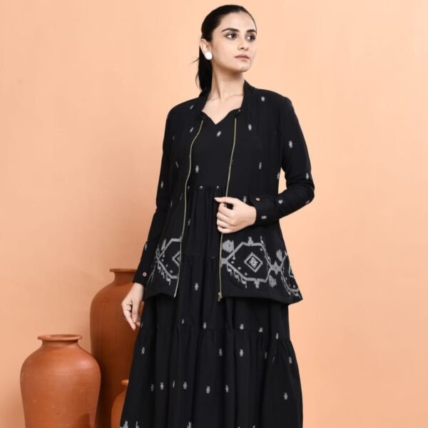 Elegant Black Jamdani Jacket & Dress Set