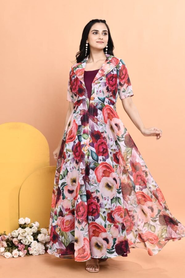 Elegant Cotton Dress with Floral Organza Jacket - Image 2
