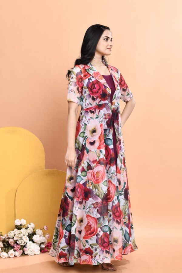 Elegant Cotton Dress with Floral Organza Jacket - Image 3