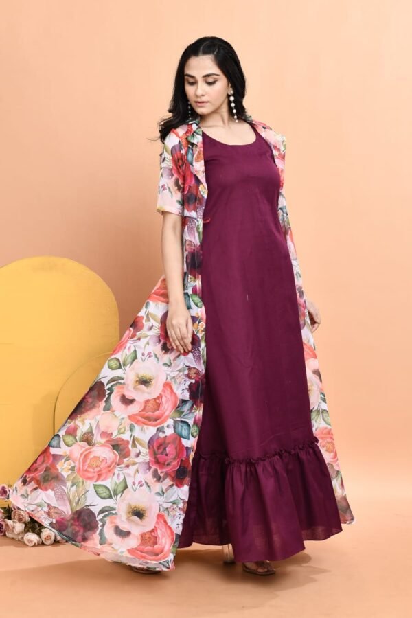Elegant Cotton Dress with Floral Organza Jacket - Image 6