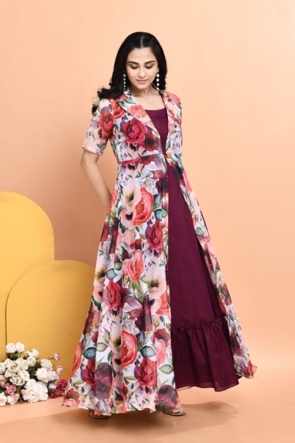 Elegant Cotton Dress with Floral Organza Jacket - Image 7