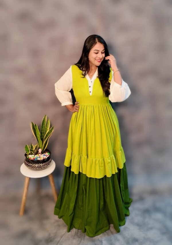 Lime & Green Layered Cotton Dress with Lining - Image 3