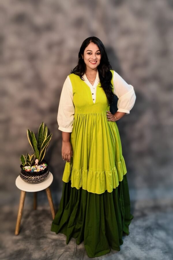 Lime & Green Layered Cotton Dress with Lining - Image 2