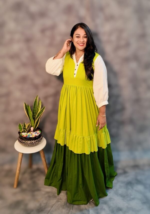 Lime & Green Layered Cotton Dress with Lining - Image 4