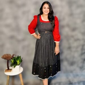 Bengal Handloom Jamdani Pinafore Dress with Red Attached Top