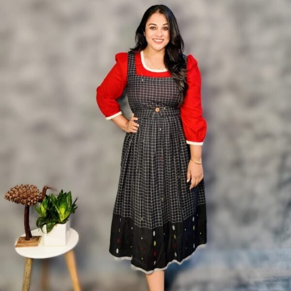 Bengal Handloom Jamdani Pinafore Dress with Red Attached Top