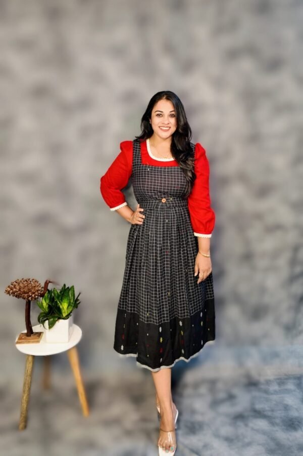 Bengal Handloom Jamdani Pinafore Dress with Red Attached Top - Image 2