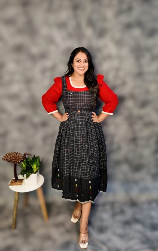 Bengal Handloom Jamdani Pinafore Dress with Red Attached Top - Image 3