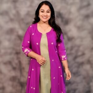 Elaira Set – Sage Green Cotton Dress with Purple Jamdani Jacket