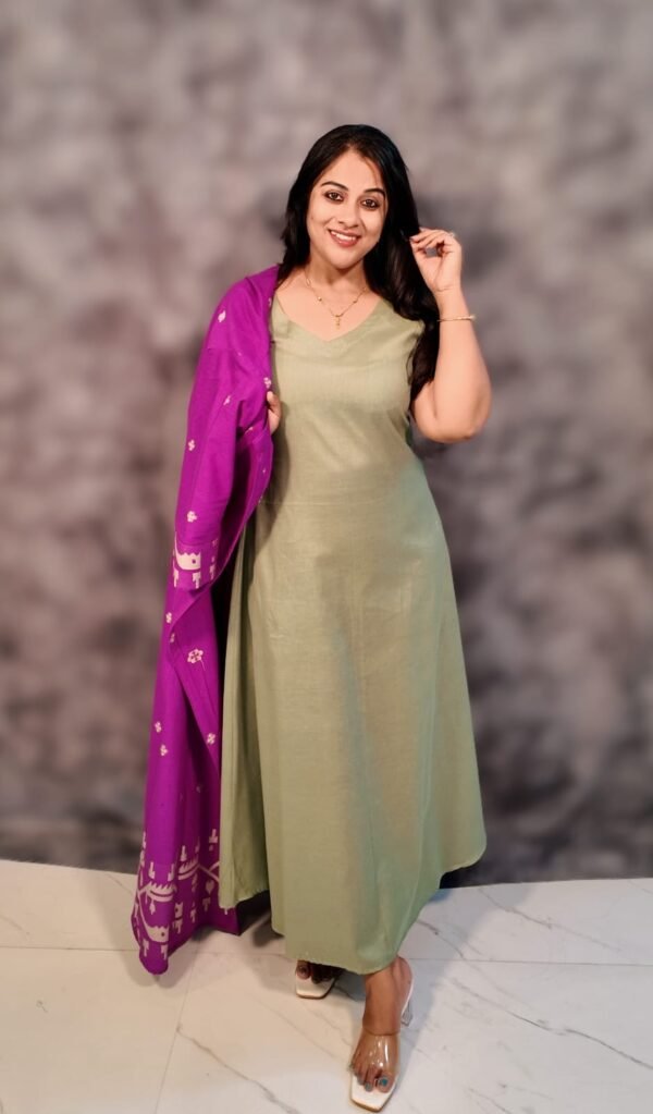 Elaira Set – Sage Green Cotton Dress with Purple Jamdani Jacket - Image 2