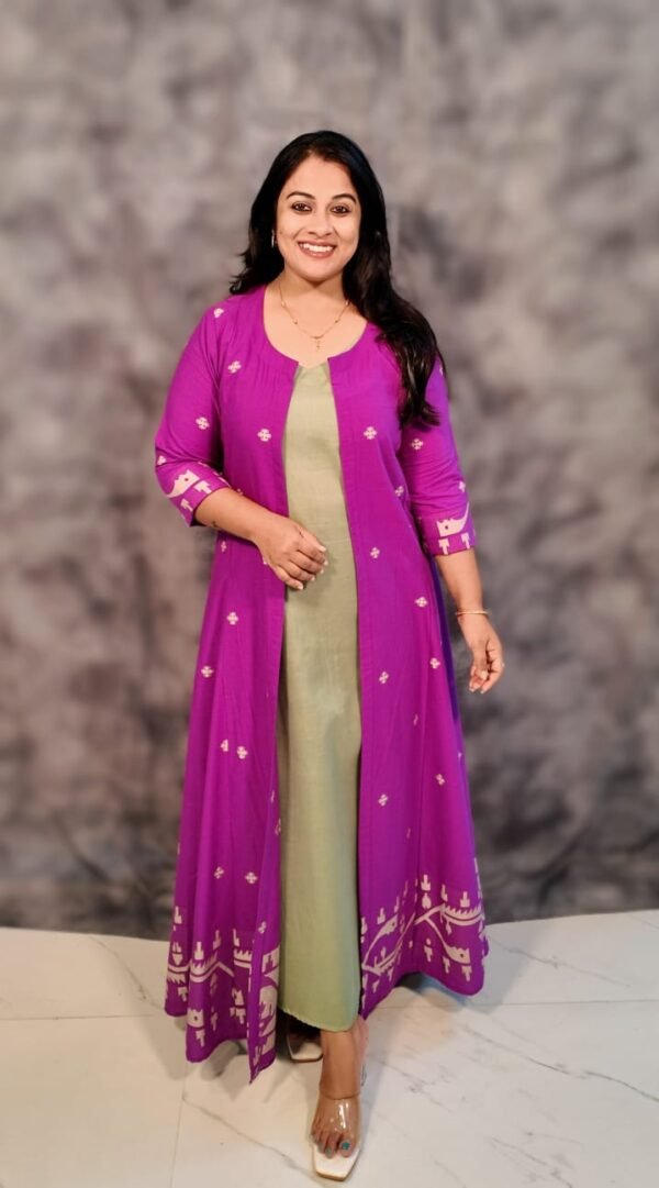 Elaira Set – Sage Green Cotton Dress with Purple Jamdani Jacket - Image 3