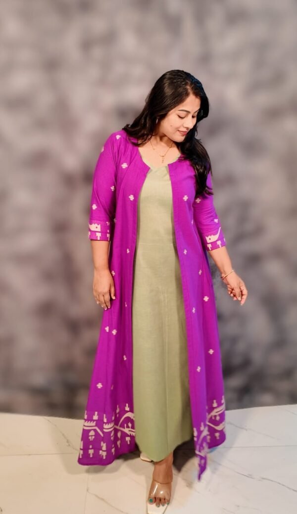 Elaira Set – Sage Green Cotton Dress with Purple Jamdani Jacket - Image 4