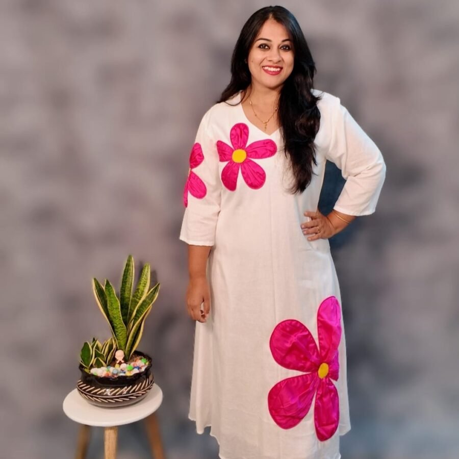 Handcrafted Cotton Dress with Floral Applique
