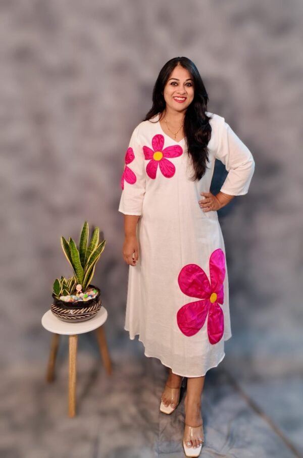 Handcrafted Cotton Dress with Floral Applique - Image 2