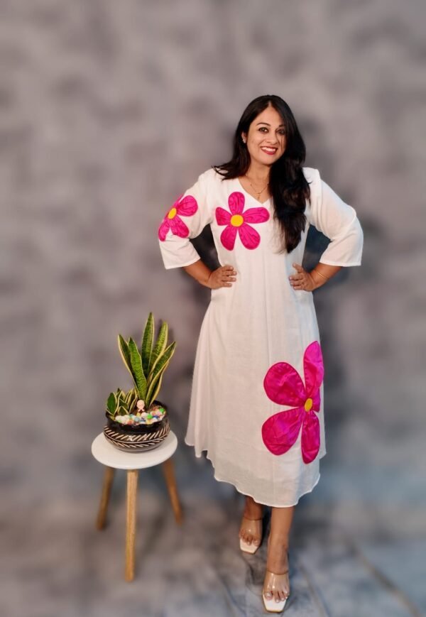 Handcrafted Cotton Dress with Floral Applique - Image 3