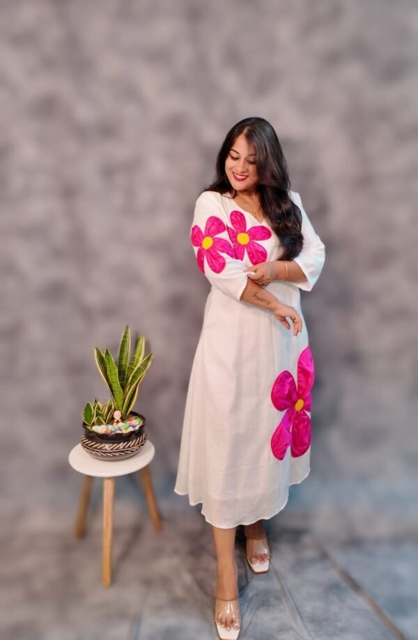 Handcrafted Cotton Dress with Floral Applique - Image 4