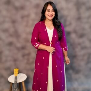 Ivory Cotton Dress with Mulberry Jamdani Jacket