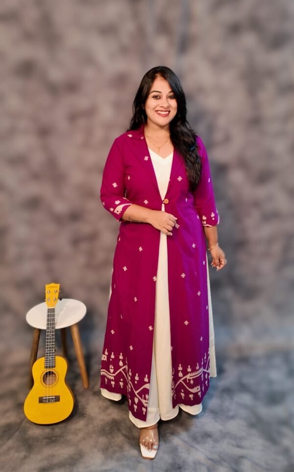 Ivory Cotton Dress with Mulberry Jamdani Jacket - Image 2