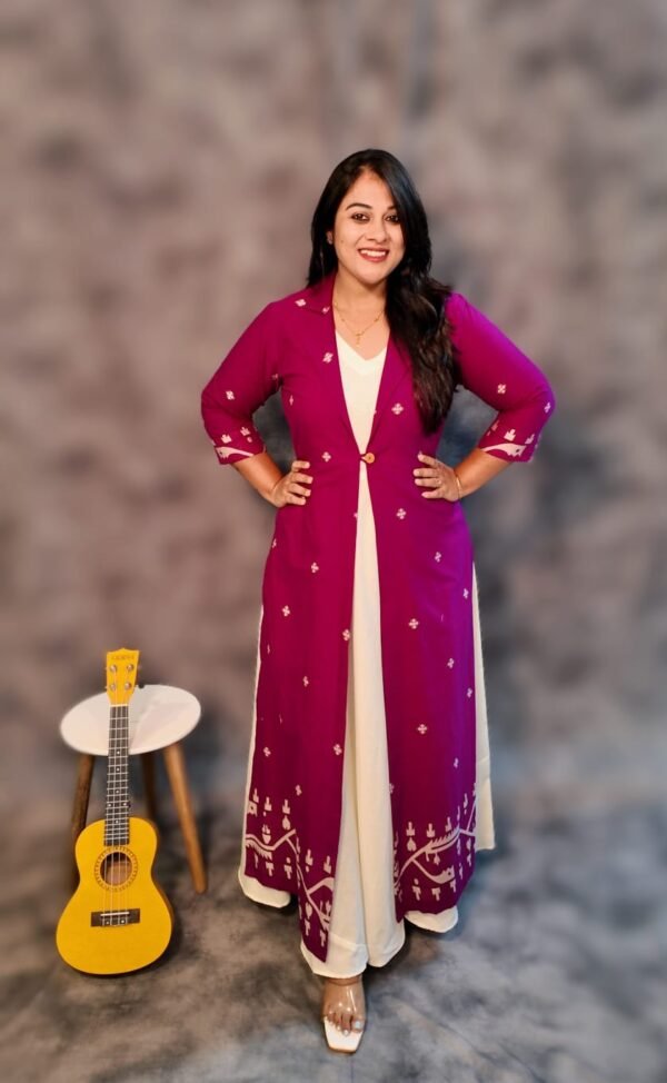 Ivory Cotton Dress with Mulberry Jamdani Jacket - Image 3