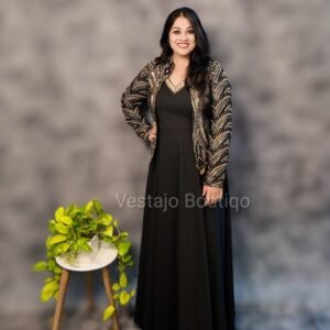 Elegant Black Imported Crepe Gown with Heavy Embroidered Jacket