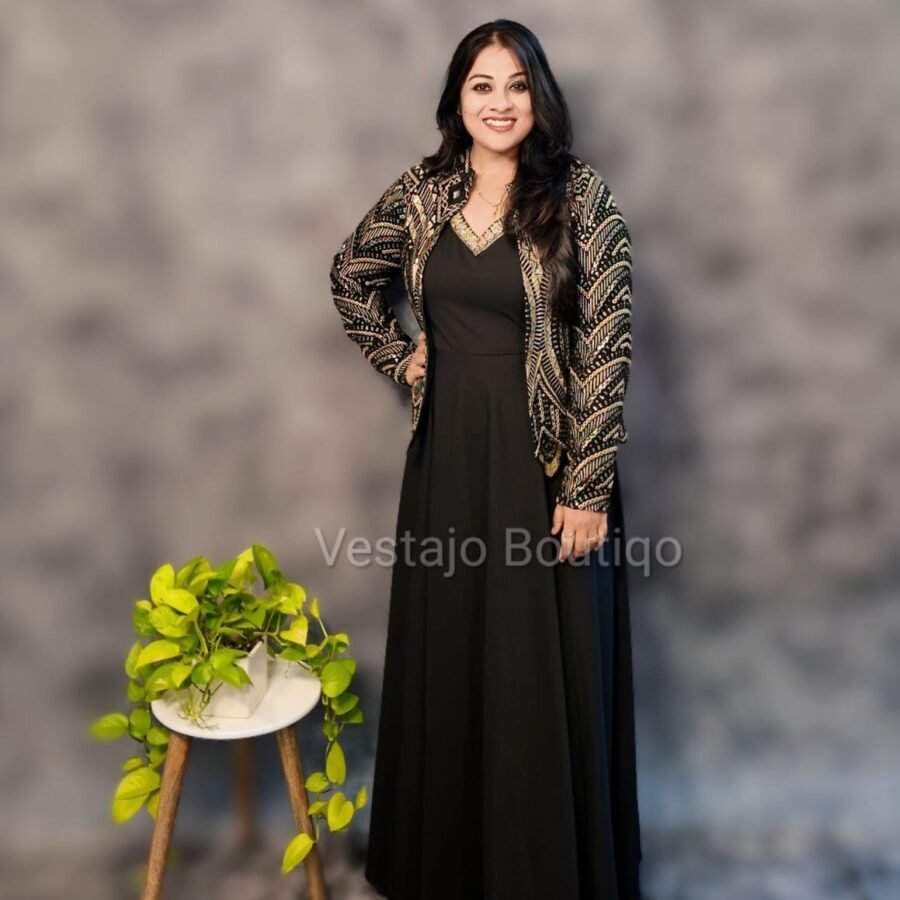 Elegant Black Imported Crepe Gown with Heavy Embroidered Jacket