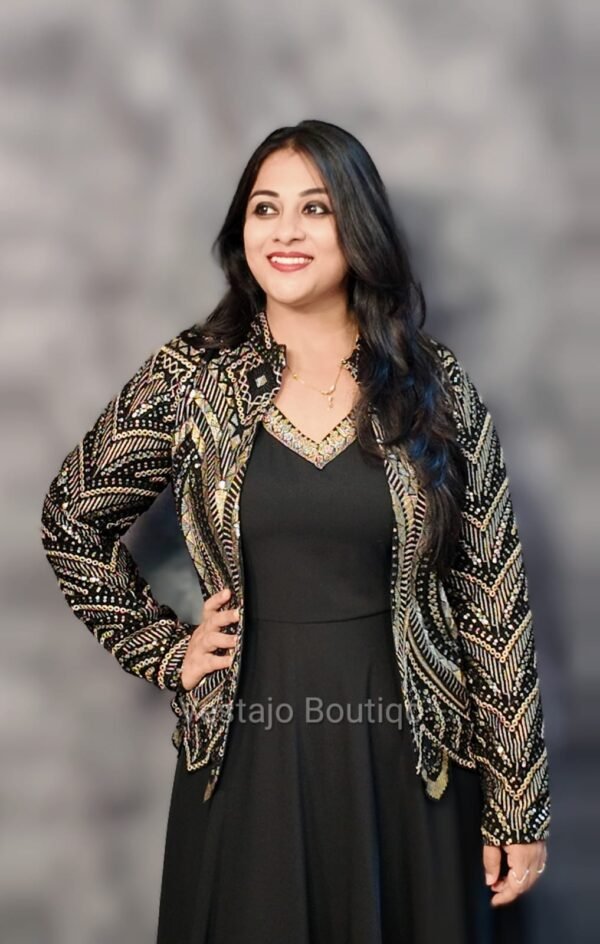 Elegant Black Imported Crepe Gown with Heavy Embroidered Jacket - Image 3