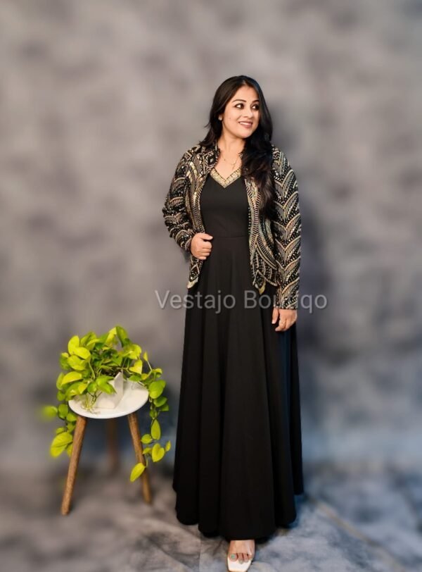 Elegant Black Imported Crepe Gown with Heavy Embroidered Jacket - Image 4