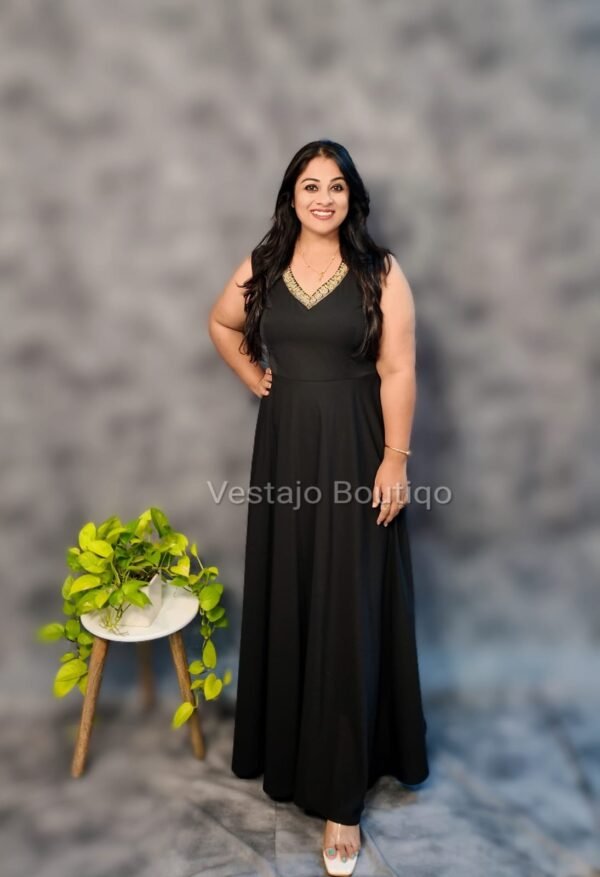 Elegant Black Imported Crepe Gown with Heavy Embroidered Jacket - Image 5