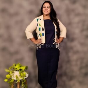 Navy Cotton Appliqué Dress with Patchwork Jacket