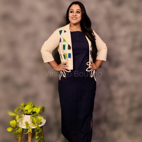 Navy Cotton Appliqué Dress with Patchwork Jacket
