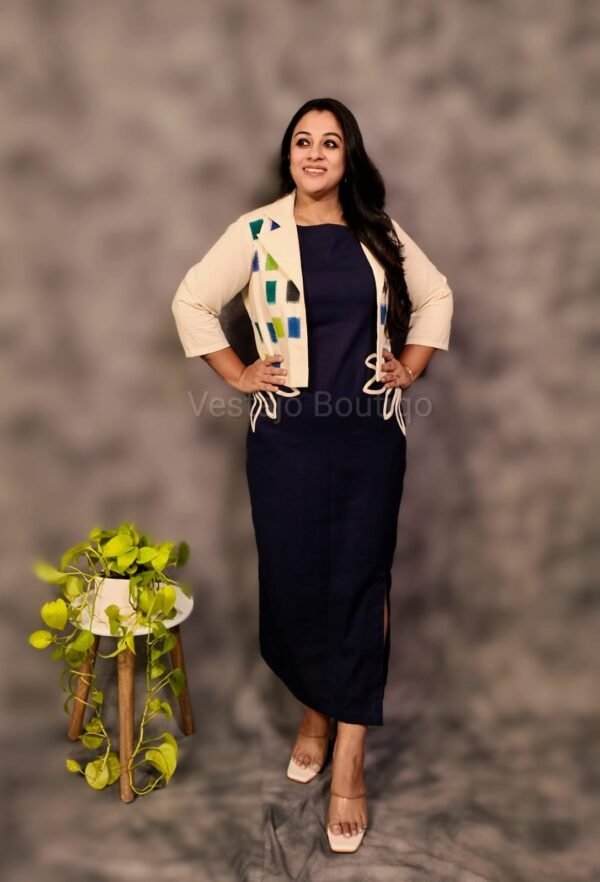 Navy Cotton Appliqué Dress with Patchwork Jacket - Image 2