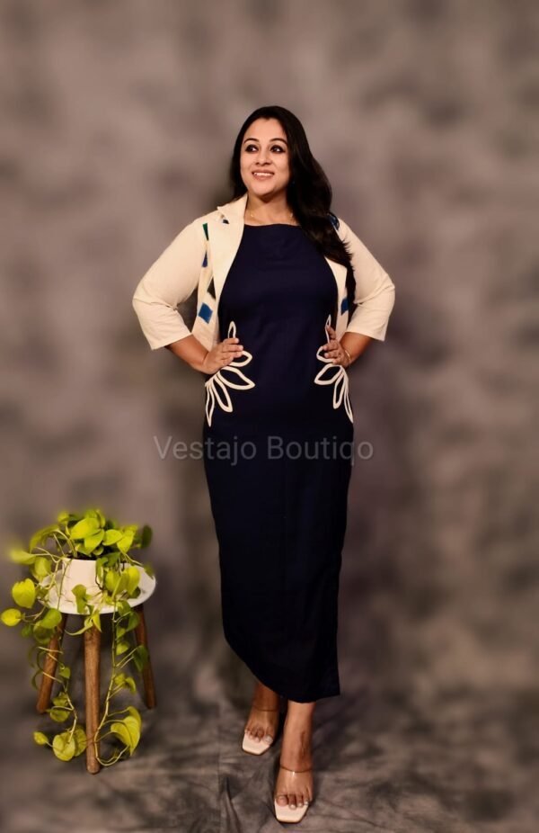 Navy Cotton Appliqué Dress with Patchwork Jacket - Image 3