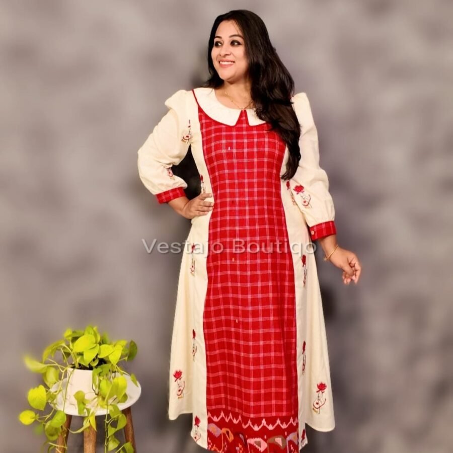 🌟✨Red Jamdani Fusion Cotton Dress🌟✨