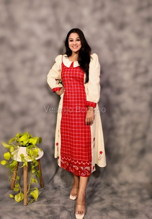 🌟✨Red Jamdani Fusion Cotton Dress🌟✨ - Image 3