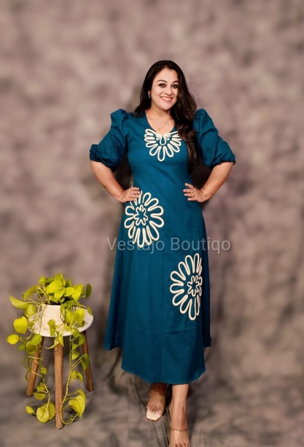 Teal Cotton Applique Dress - Image 2