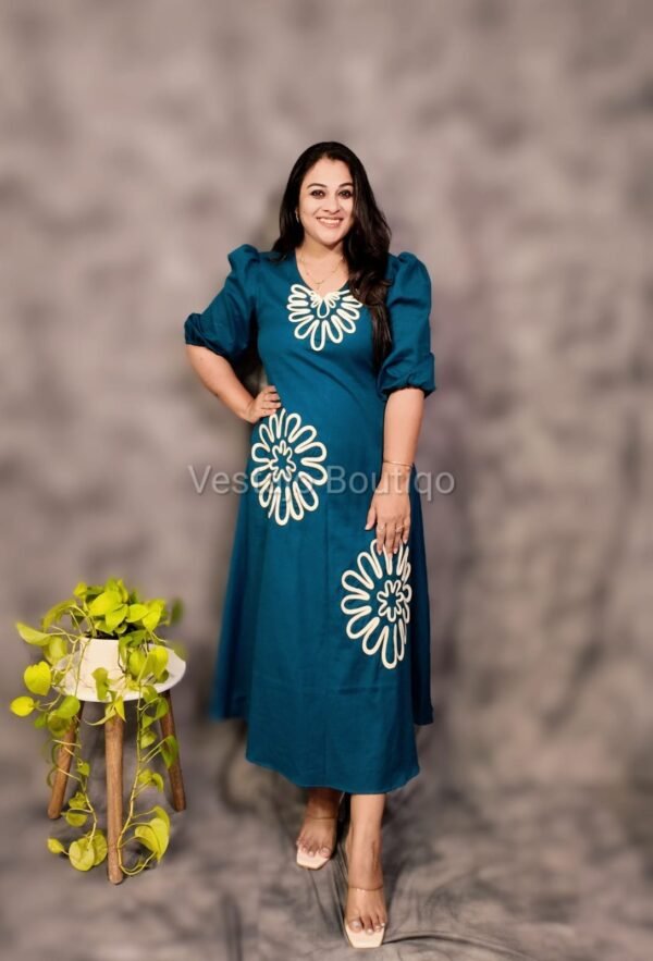 Teal Cotton Applique Dress - Image 4