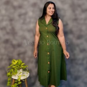 Mira Olive Cotton Dress with Mustard Jamdani Woven Long Jacket