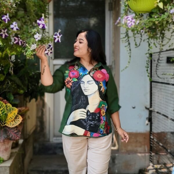 Hand-Painted Cotton Top with Linen Pants Set