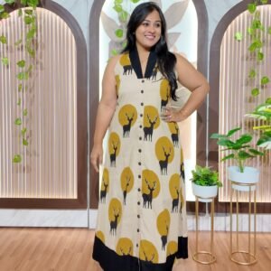 Golden Stag Handblock Cotton Dress