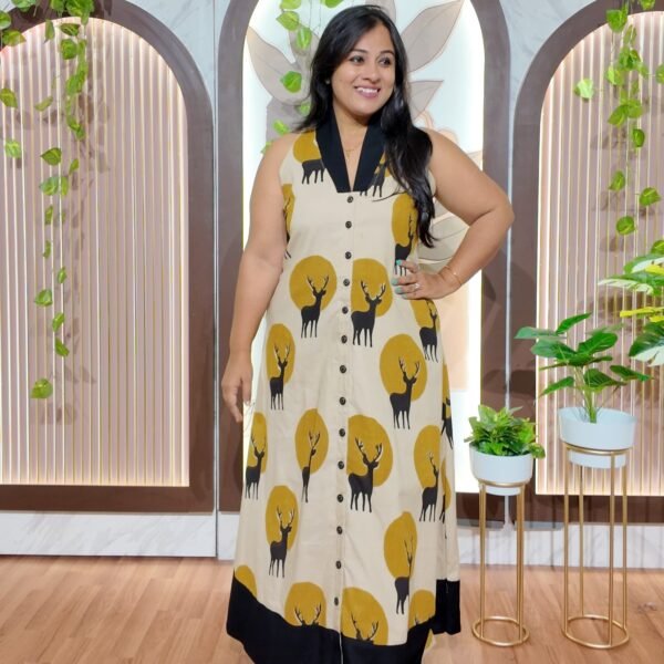 Golden Stag Handblock Cotton Dress